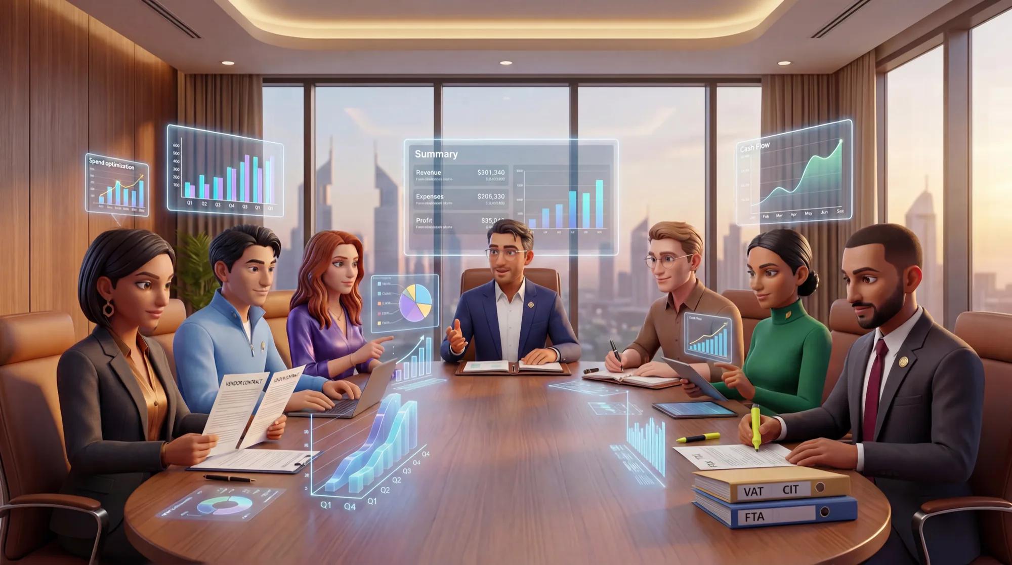 The Daira AI specialist team, Dariel and six specialists at a boardroom table with financial dashboards in the background